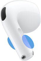 AirPods 5 In-Ear Kopfhörer von außen, blaue Kreise zeigen, wo das untere Ende berührt werden muss, um die Lautstärke zu ändern