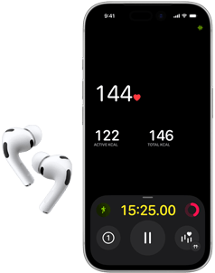 AirPods Pro 3, untere Hälfte eines iPhone 17 Pro Displays, die Fitness App zeigt eine Herzfrequenz