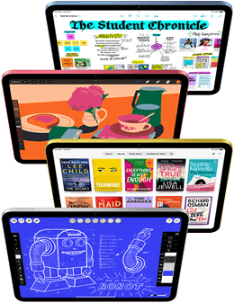 Vorderansicht von iPad Displays zeigt verschiedene Apple Apps und App Store Apps.
