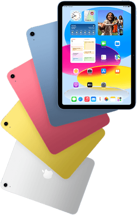 Vorderansicht des iPad zeigt den Homescreen. Dahinter Rückansichten von iPad Modellen in Blau, Pink, Gelb und Silber