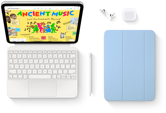 iPad, Magic Keyboard Folio, Apple Pencil, AirPods und Smart Folio sind abgebildet.