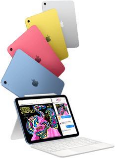 iPads in Blau, Pink, Gelb und Silber und ein iPad verbunden mit dem Magic Keyboard Folio mit Apple Pencil