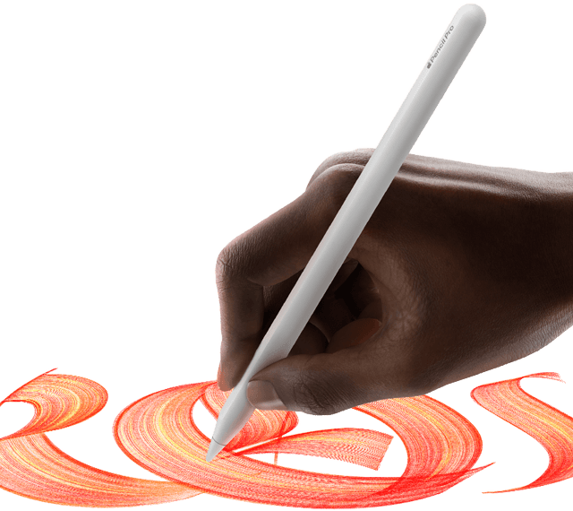 Ein:e Nutzer:in hält einen Apple Pencil Pro in der Hand und gestaltet einen bunten, geschwungenen Schriftzug