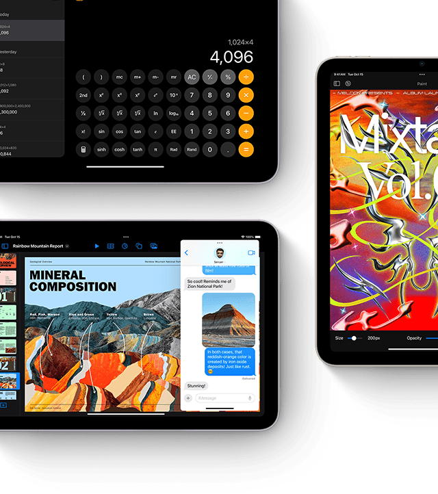 Drei iPad mini Displays, die iPadOS und App Features zeigen