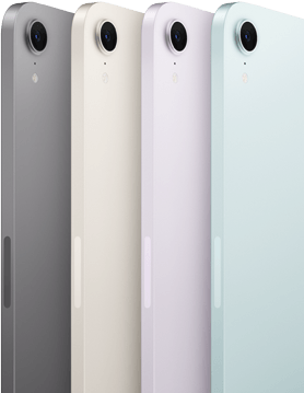 Die Rückansichten und Kameras von vier iPad mini Modellen in den erhältlichen Farben: Space Grau, Polarstern, Violett und Blau