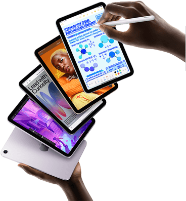 Fünf iPad mini Modelle werden in einer Fächerformation in den Händen gehalten. Ein Modell zeigt die Rückkamera, die anderen vier sind von vorne zu sehen. Mit dem Apple Pencil Pro werden Notizen gemacht