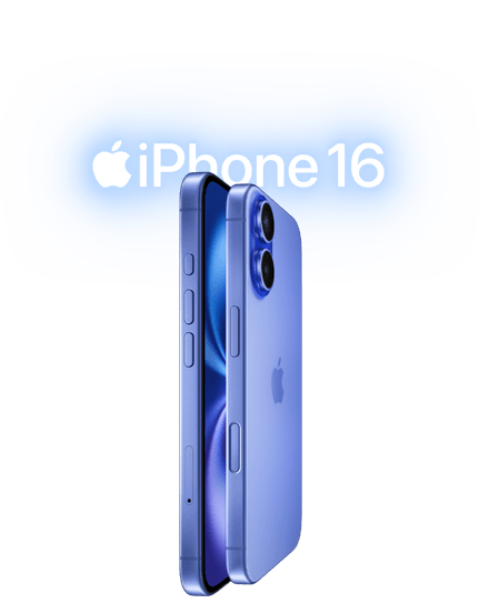 Zwei iPhone 16 Geräte, Seitenansicht, Display an Display aufeinanderliegend in der Farbe Ultramarin, Lautstärketasten, Actiontaste, Seitentaste, Taste für die Kamerasteuerung, Apple Logo in der Mitte, erhöhtes fortschrittliches Zwei-Kamera-System