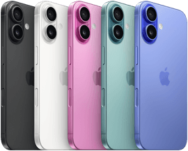 iPhone 16, Rückseite, erhöhtes fortschrittliches Zwei-Kamera-System, Apple Logo in der Mitte, alle fünf Farben, Schwarz, Weiß, Pink, Blaugrün, Ultramarin