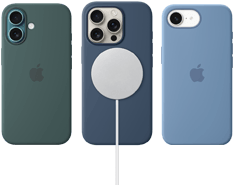  Verschiedenes iPhone MagSafe Zubehör. iPhone 16 Silikon Case mit MagSafe, Seegrün, iPhone 16 Pro Silikon Case mit MagSafe, Denim, mit MagSafe Ladegerät verbunden, Weiß, iPhone 16e Silikon Case, Winterblau
