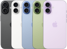iPhone 17, Rückansicht, Dual Fusion Kamera-System, alle fünf Farben überlappend: Schwarz, Weiß, Salbei, Nebelblau und Lavendel