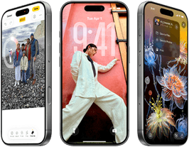 3 iPhone 17 Pro Modelle, Vorderseite, nebeneinander, zeigen iOS 26, Liquid Glass Effekt und Apple Intelligence Feature