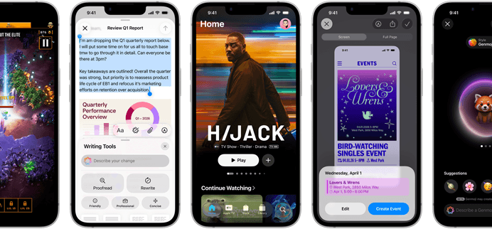 Nebeneinander angeordnete iPhone 17e Geräte mit unterschiedlichen Displays: ein Spiel wird gespielt, Schreibtools, Apple TV App, ein Kalenderereignis wird erstellt, ein Genmoji wird erstellt