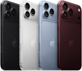 iPhone 18 Pro Geräte in einer Reihe, Rückseite, alle vier Farben: Burgunder, Polar, Silber, Schwarz, Pro Fusion Kamera-System oben links, 3 Objektive, Mikrofon, Blitz