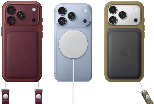 iPhone 18 Pro, Rückseite, Farbe Burgunder, Feingewebe Wallet mit MagSafe in Burgunder; iPhone 18 Pro, Rückseite, Farbe Polar, mit MagSafe Batterie; iPhone 18 Pro, Rückseite, Farbe Silber, mit Silikon Case in Grün und MagSafe Ladegerät