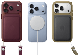 iPhone 18 Pro, Rückseite, Farbe Burgunder, Feingewebe Wallet mit MagSafe in Burgunder; iPhone 18 Pro, Rückseite, Farbe Polar, mit MagSafe Batterie; iPhone 18 Pro, Rückseite, Farbe Silber, mit Silikon Case in Grün und MagSafe Ladegerät