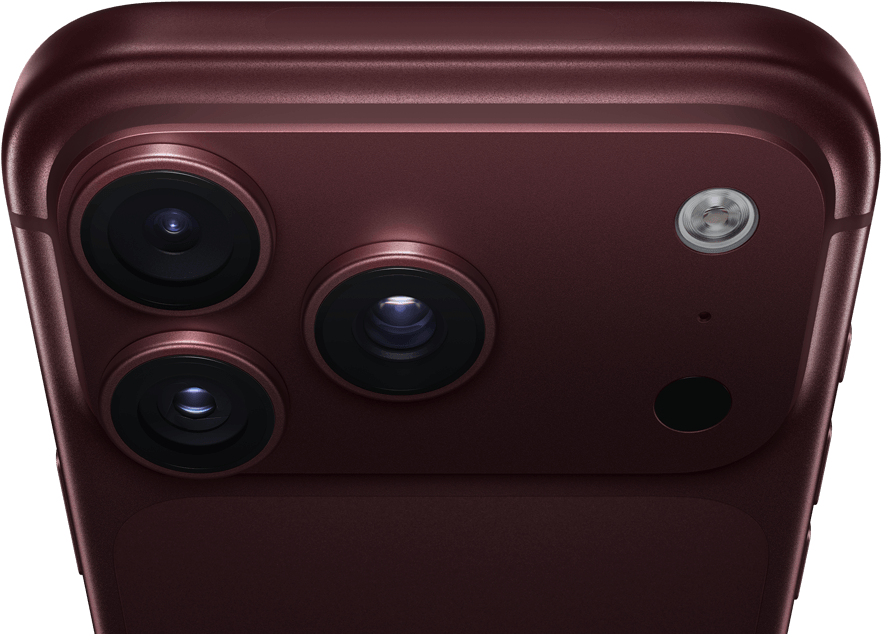 iPhone 18 Pro Max, Farbe Burgunder (Dunkelrot), Rückseite, Pro Fusion Kamera-System oben, 3 Objektive, Lamellen der variablen Blende teilweise geschlossen, Blitz, Mikrofon und LiDAR Scanner, Oberseite, Mobilfunkantenne, flache Seiten, gerundete Ecken