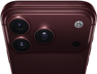 iPhone 18 Pro Max, Farbe Burgunder (Dunkelrot), Rückseite, Pro Fusion Kamera-System oben, 3 Objektive, Lamellen der variablen Blende teilweise geschlossen, Blitz, Mikrofon und LiDAR Scanner, Oberseite, Mobilfunkantenne, flache Seiten, gerundete Ecken