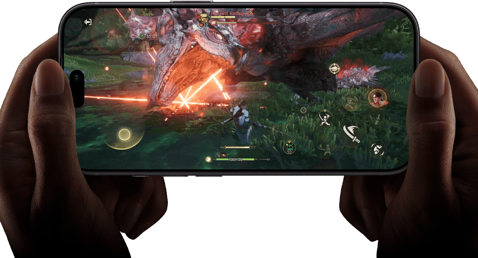 Vorderseite eines iPhone 18 Pro, die die Leistungsfähigkeit des A20 Pro Chip mit einer Szene aus Monster Hunter Outlanders zeigt