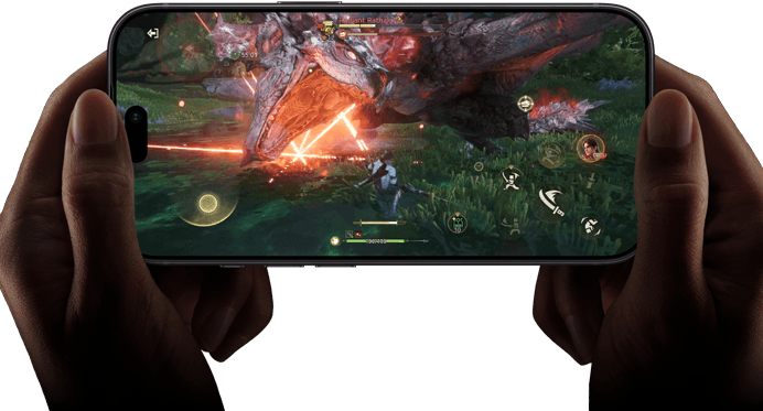 Vorderseite eines iPhone 18 Pro, die die Leistungsfähigkeit des A20 Pro Chip mit einer Szene aus Monster Hunter Outlanders zeigt