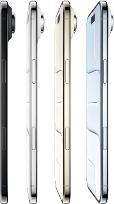 iPhone Air, Seitenansicht, alle vier Farben, Himmelblau, Lichtgold, Wolkenweiß, Space Black, sehr dünnes Profil, Fusion Kamera-System, Tasten: Seite, Kamerasteuerung