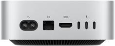Rückansicht des Mac mini in Silber, die die Anschlüsse hinten zeigt: ein HDMI, ein Ethernet, drei Thunderbolt Anschlüsse und Netzanschluss