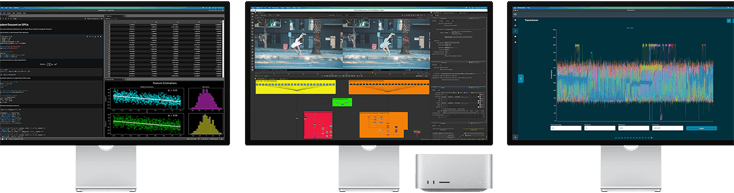 Der Mac Studio und drei Studio Displays, alle zeigen unterschiedliche macOS Apps