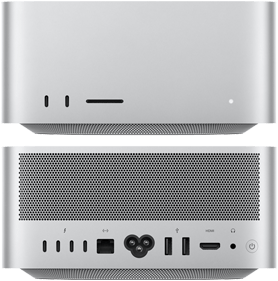 Mac Studio Vorderseite, 2 USB-C Anschlüsse und SDXC Kartenleser; Rückansicht auf 4 USB-C und 2 USB-Anschlüssen, Ethernet Anschluss, HDMI Anschluss und Kopfhöreranschluss