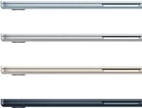 Vier MacBook Air Laptops zeigen die erhältlichen Farben: Himmelblau, Silber, Polarstern und Mitternacht