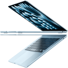 Zwei geöffnete MacBook Air Laptops in der Farbe Himmelblau bilden die Form eines Pfeils, um das dünne Profil zu zeigen