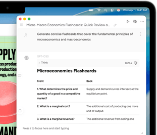 Ein MacBook Air Display zeigt, wie Apple Intelligence Schreibtools Lernkarten zur Mikro- und Makroökonomie erstellen