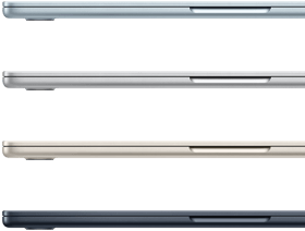  Seitenansicht von vier MacBook Air Laptops in vier verschiedenen Farben