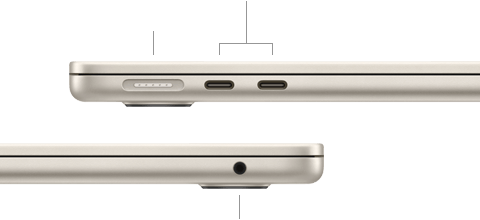 MacBook Air, zugeklappt, linke Seite mit MagSafe und zwei Thunderbolt Anschlüssen, rechte Seite mit Kopfhöreranschluss