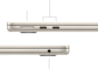 MacBook Air, zugeklappt, linke Seite mit MagSafe und zwei Thunderbolt Anschlüssen, rechte Seite mit Kopfhöreranschluss