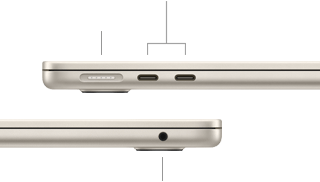 MacBook Air, zugeklappt, linke Seite mit MagSafe und zwei Thunderbolt Anschlüssen, rechte Seite mit Kopfhöreranschluss