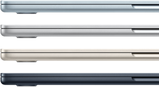 Seitenansicht von vier MacBook Air Laptops in vier verschiedenen Farben
