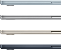 Seitenansicht von vier MacBook Air Laptops in vier verschiedenen Farben