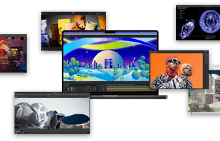 Das MacBook Pro mit Apps wie Adobe After Effects, Keynote, DaVinci Resolve, Autodesk Maya mit Arnold Renderer, Adobe Photoshop, Houdini, SketchUp