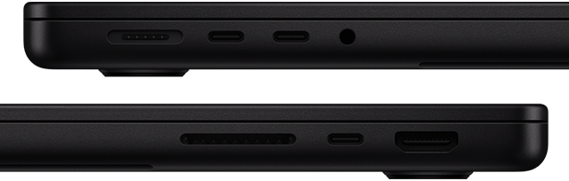 Die Anschlüsse des MacBook Pro werden gezeigt – linke Seite: MagSafe, zwei Thunderbolt Anschlüsse und Kopfhöreranschluss – rechte Seite: SDXC, ein Thunderbolt Anschluss und HDMI