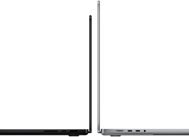 14" und 16" MacBook Pro Rückseite an Rückseite, um den Größenunterschied und das dünne Profil zu zeigen