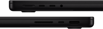 Die Anschlüsse des MacBook Pro werden gezeigt – linke Seite: MagSafe 3, zwei Thunderbolt Anschlüsse und Kopfhöreranschluss – rechte Seite: SDXC Kartensteckplatz, ein Thunderbolt Anschluss und HDMI