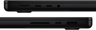 Die Anschlüsse des MacBook Pro werden gezeigt – linke Seite: MagSafe 3, zwei Thunderbolt Anschlüsse und Kopfhöreranschluss – rechte Seite: SDXC Kartensteckplatz, ein Thunderbolt Anschluss und HDMI