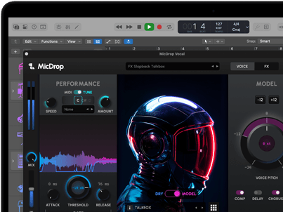 Bildschirminhalt, der die MicDrop Software mit KI Features beim Bearbeiten einer Sprachaufnahme auf einem MacBook Pro zeigt