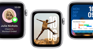 Übersetzen App, Wegbegleitung App, Fotos Zifferblatt, Modular Zifferblatt und Vitalzeichen App auf fünf Apple Watch SE Geräten