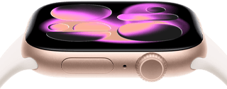 Apple Watch Series 11, Aluminiumgehäuse Roségold, Flow Zifferblatt, rechte Seitenansicht: Digital Crown, Mikrofon, Seitentaste, Sportarmband Blassrosa