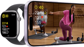 Apple Watch Series 11, Aluminiumgehäuse Diamantschwarz, Trainingsdaten, Sportarmband in Nebelviolett, ein Workout Video wird auf gekoppeltem iPhone abgespielt
