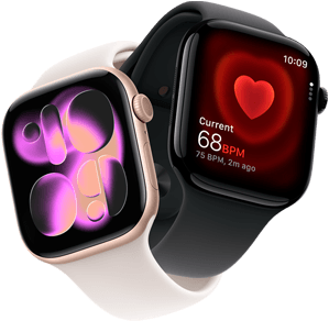 Apple Watch Series 11, Aluminium Roségold, Flow Zifferblatt, rechte Seitenansicht: Digital Crown, Mikrofon, Seitentaste, Sportarmband Blassrosa, Apple Watch Series 11, Aluminium Diamantschwarz, Herzfrequenz App, aktuelle Herzfrequenz, rechte Seitenansicht: Digital Crown, Sportarmband Schwarz
