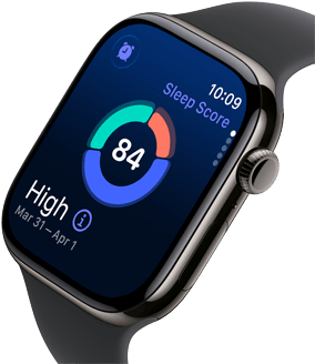 Nahaufnahme der Apple Watch Series 11 mit einem Titangehäuse Schiefer, auf dem Display wird der Schlafindex angezeigt