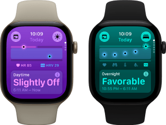 Zwei Apple Watch Series 12 Geräte: Aluminiumgehäuse, Farbe Lichtgold, Tageswerte für Vitalzeichen leicht abweichend, Digital Crown, Sportarmband Sand, Aluminiumgehäuse, Farbe Schwarz, im Schlaf erfasste Vitalzeichen günstig, Digital Crown, Sportarmband Schwarz