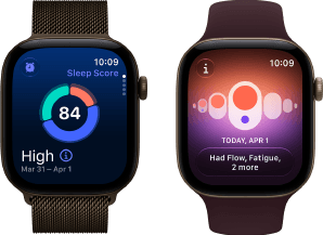 Apple Watch Series 12, Aluminiumgehäuse, Farbe Dunkelbronze, Kreisdiagramm mit Schlafindex, Digital Crown, Milanaise Armband, Farbe Dunkelbronze