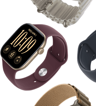 Apple Watch Series 11 Armbänder: Sportarmband in Nebelviolett, Ocean Armband in Maritimblau, Alpine Loop in Hellblau
